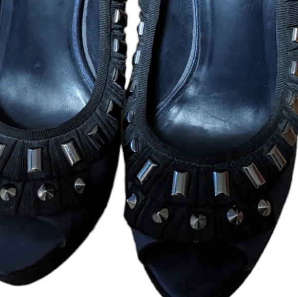 Tori Burch Erinn Satin platform size 9m. Navy blue black studs peek a boo toe - Picture 7 of 8